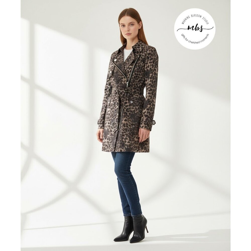 NWT Calvin Klein Leopard Print Trench Coat Black‎ Tan Women M